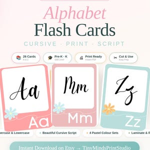 May include: Alphabet flash cards featuring cursive, print, and script letters. The cards are in pastel colors, with uppercase and lowercase letters. The image includes the text "Alphabet Flash Cards" and "Instant Download on Etsy".