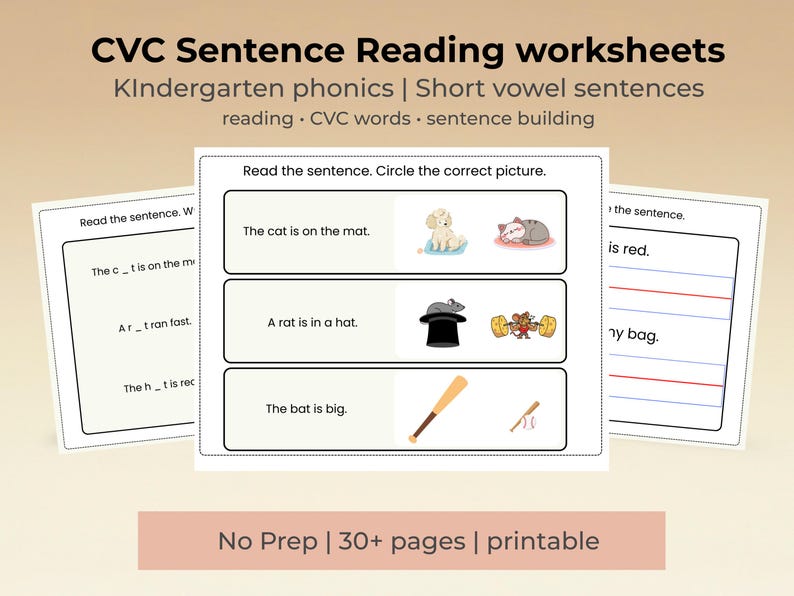 Sentence Trace Cvc 30+ Pages of Sentence Reading and Writing Practice for Kindergarten and ...