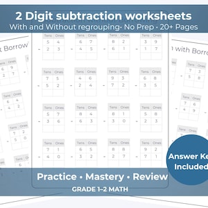 Cuaderno de ejercicios de resta de 2 dígitos con y sin reagrupación / Práctica de matemáticas de 1.º y 2.º grado (PDF)
