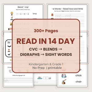 May include: A collection of printable educational worksheets for Kindergarten and Grade 1 students. The worksheets cover CVC, blends, digraphs, and sight words. The image includes the text "Read in 14 Day" and "300+ Pages".
