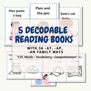 May include: A set of 5 decodable reading books with 36 -at, -ap, -an family mats, featuring CVC words, vocabulary, and comprehension exercises. The pages display illustrations of children, cats, a cap, and a map with text like Max packs a bag.
