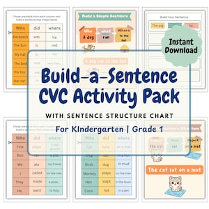 May include: A colorful educational printable titled "Build-a-Sentence CVC Activity Pack" with sentence structure charts. Includes sentence building exercises for kindergarten and grade 1 students. Features "Instant Download" graphic.