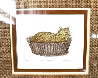 Vintage Tabby Cat Lithograph Print – “Cat Napping” Limited Edition, Framed Artwork