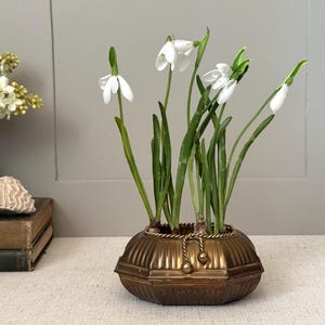 May include: A brass-colored, antique-style container holds several snowdrop flowers with white petals and green stems. The container has a unique, geometric shape and is decorated with rope-like accents.