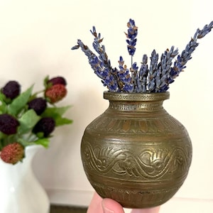 Small Vintage Brass and Copper Planter Vase Engraved Metal Patina Aged Pot