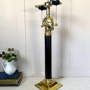 Vintage Brass Ram’s Head Lamp – Black Column Base, Dual Socket Pull Chain, Mid Century Neoclassical Lighting