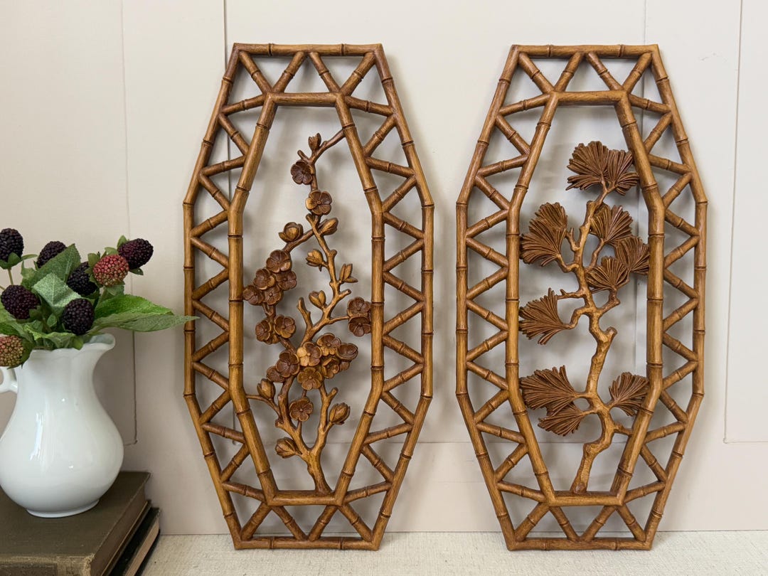 Vintage 1977 Homco Floral Branch Wall Plaques • Bamboo Frame Pair - Etsy