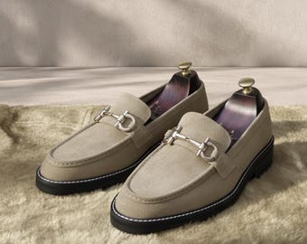 Handmade Beige Suede Horsebit Loafers for Men | Genuine Leather | Bespoke Bit Loafer Dress Shoes | Smart Casual Wedding Summer Gift