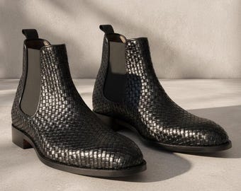 Handmade Black Woven Leather Chelsea Boots for Men | Genuine Cowhide | Bespoke Intrecciato Ankle Boot | Smart Casual Wedding Gift