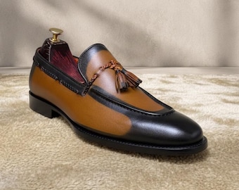 Handmade Two-Tone Tassel Loafers for Men | Tan & Black Genuine Cowhide Leather | Bespoke Patina Slip-On Dress Shoes | Wedding Gift
