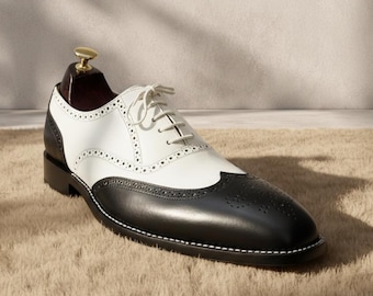 Bespoke Black & White Spectator Oxford Shoes – Handmade Wingtip Brogue Dress Shoes for Men