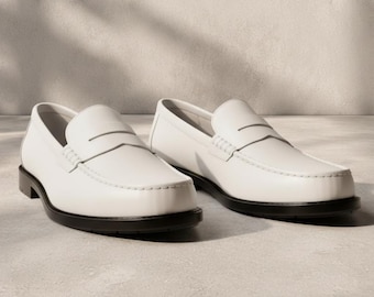 Handmade White Leather Penny Loafers | Genuine Cowhide Slip-On Dress Shoes
