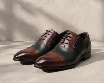 Bespoke Brown & Black Spectator Oxford Shoes – Handmade Wingtip Brogue Dress Shoes for Men