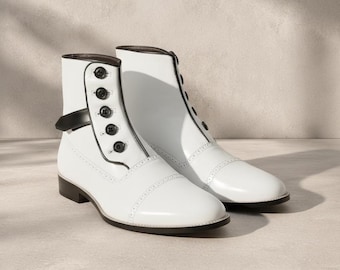 Handmade White Button Spat Boots for Men | Genuine Cowhide Leather | Bespoke Edwardian Ankle Boot | Vintage Wedding Theatrical Gift