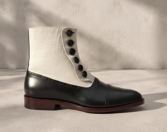 Botas de hombre bicolor hechas a mano con botones y polaina / Piel y lona / Botín eduardiano a medida / Regalo de disfraz de boda vintage al estilo Gatsby