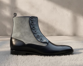 Botas masculinas de cano curto em couro bicolor preto e cinza – Botas sociais artesanais com botões, calçado formal estilo vintage.