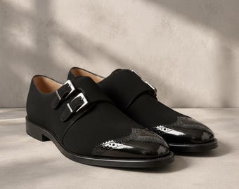 Zapatos Monk Strap de ante negro y charol hechos a mano para hombre / Piel auténtica / Zapatos de vestir Brogue bicolor a medida / Regalo de boda