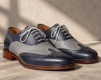 Handmade Navy & Grey Wingtip Brogue Oxford Shoes for Men | Genuine Cowhide Leather | Bespoke Two-Tone Spectator Dress Shoes | Gift