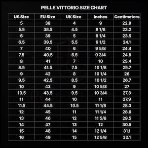 Puede incluir: Tabla de tallas PELLE VITTORIO. Muestra tallas de calzado de EE. UU., UE y Reino Unido, con medidas en pulgadas y cent&iacute;metros. Las tallas van desde la talla US 5 (9 pulgadas, 22,9 cm) hasta la US 16 (12 5/8 pulgadas, 32,1 cm).