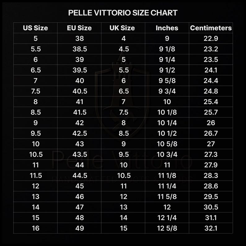 Puede incluir: Tabla de tallas PELLE VITTORIO. Muestra tallas de calzado de EE. UU., UE y Reino Unido, con medidas en pulgadas y cent&iacute;metros. Las tallas van desde la talla US 5 (9 pulgadas, 22,9 cm) hasta la US 16 (12 5/8 pulgadas, 32,1 cm).
