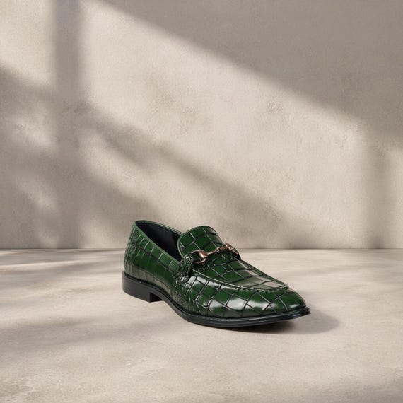 Handmade Green Alligator Textured Leather Loafers Men Genuine Leather Horsebit Loafers Slip On Shoes Custom Mens Dress Shoes