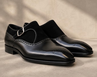 Handmade Black Suede & Leather Wingtip Brogue Monk Strap Loafer for Men | Genuine Cowhide | Bespoke Dress Shoes | Wedding Gift