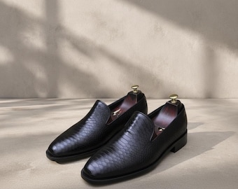 Handmade Black Snake Embossed Loafers for Men | Genuine Cowhide Leather | Bespoke Slip-On Dress Shoes | Luxury Wedding Evening Formal