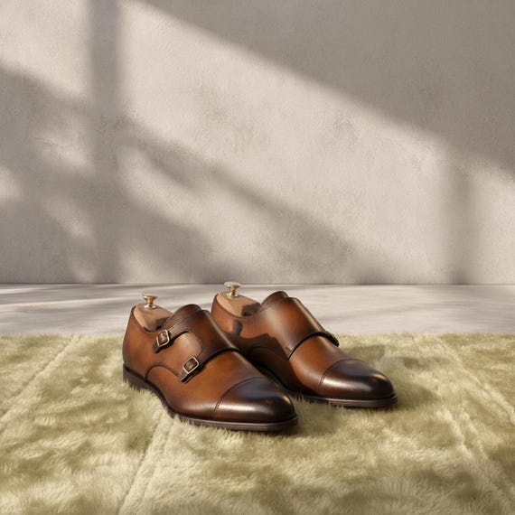 Men's Handmade Cognac Patina Double Monk Strap Shoes | Genuine Cowhide Leather Dress Shoes