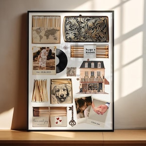 Pode incluir: Uma colagem emoldurada com uma caixa decorativa, caixas de fósforos, um disco de vinil, fotos, uma chave vintage e um desenho de um cão. A colagem inclui o texto "hugs + kisses", "love and joy" e "I love you".