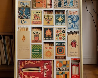Vintage afdrukbare muurkunst matchbox, retro vintage lucifers collage poster, modern muurdecor uit het midden van de eeuw, galeriekunst aan de muur, digitale download