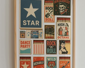 Rockabilly Matchbox Wall Art Digital Download – Retro Music Inspired Matchbook Collage for Bold Mid-Century Poster Home Decor