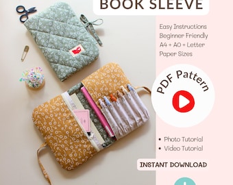 Patrón de costura para funda de libro acolchada, portalápices y bolsillo con cremallera