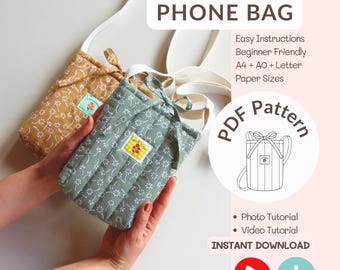 Patrón de costura en PDF para bolso bandolera para teléfono, estuche pequeño acolchado para teléfono para principiantes, videotutorial.