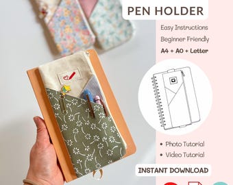 Patrón de costura en PDF para portabolígrafos con banda elástica para libros, estuche para lápices con bolsillos para diario.