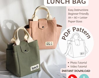 Patrón de costura para bolsa de almuerzo, videotutorial de bolsa de mano, PDF tamaño A4/A0/Carta