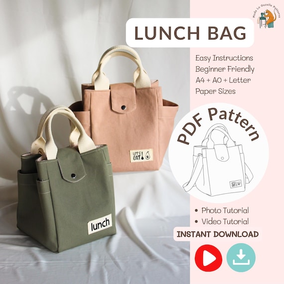 Lunch Bag Sewing Pattern, Tote Bag Video Tutorial, PDF A4/A0/Letter Size