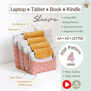 Pode incluir: Um molde de costura em PDF para uma capa de portátil, tablet, livro e Kindle. A imagem mostra quatro capas encaixadas de vários tamanhos, com tecido rosa seco com padrão de sol branco, detalhes cinzentos e aba mostarda com um fecho.