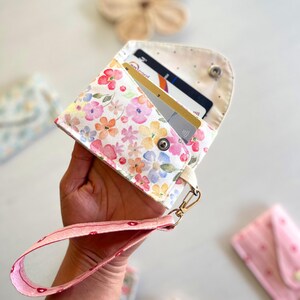 Keychain card holder sewing pattern PDF with snap closure and D-ring tab detail.