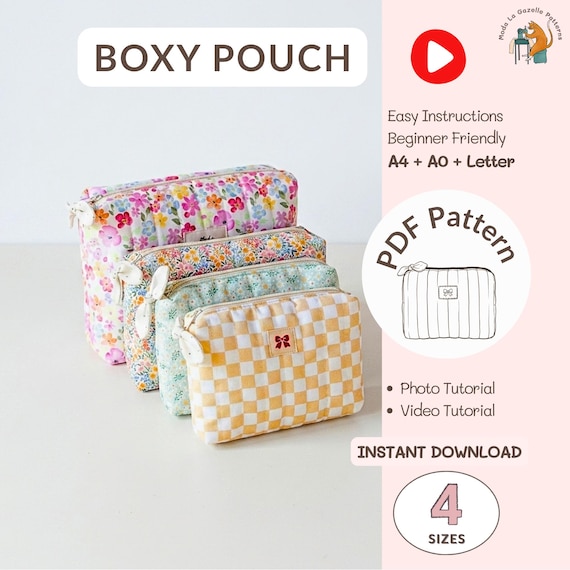 Makeup Bag Sewing Pattern PDF, Quilted Cosmetic Pouch, Beginner Friendly, 4 Sizes