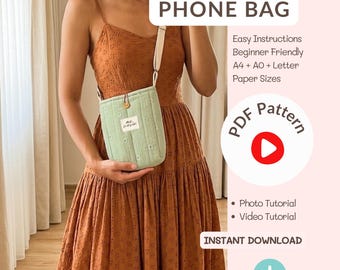 Quilted Crossbody Phone Bag Sewing Pattern, Beginner Tote Bag (PDF Download)