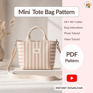 Puede incluir: Un patrón de mini bolso tote con un diseño a rayas en beige y blanco. El bolso tiene una correa para el hombro y asas. La imagen incluye texto que dice "Mini Tote Bag Pattern", "Easy Instructions" y "PDF Pattern".