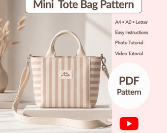 Patrón de costura para bolso mini tote, bolso cruzado, bolsillo con cremallera