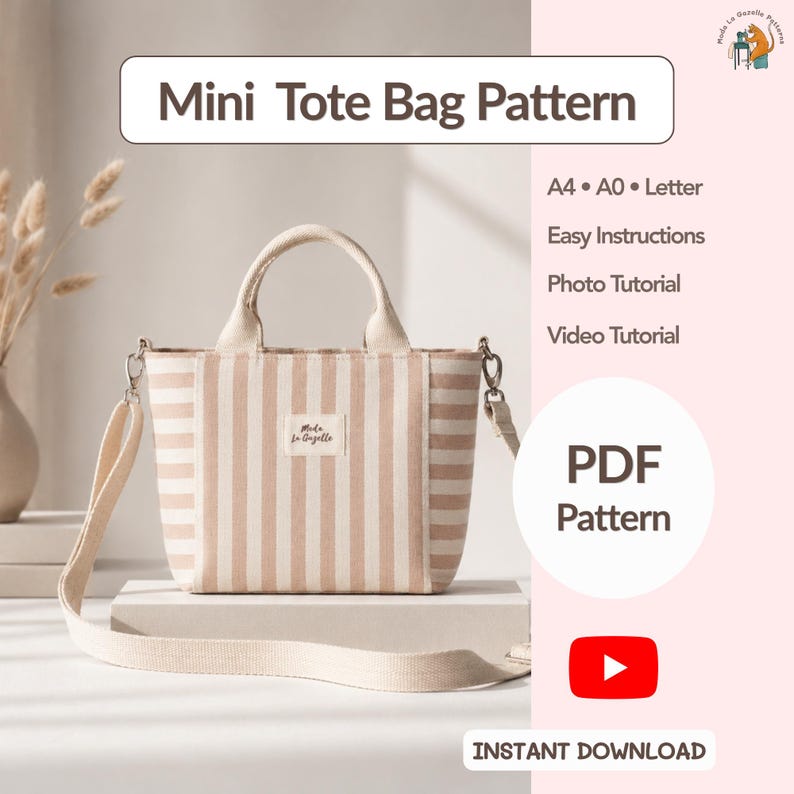 Mini tote bag sewing pattern with short handles and long crossbody strap