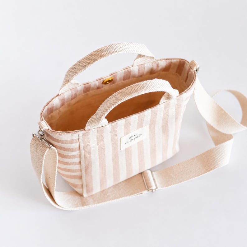Small tote bag pattern with crossbody strap and handmade fabric design