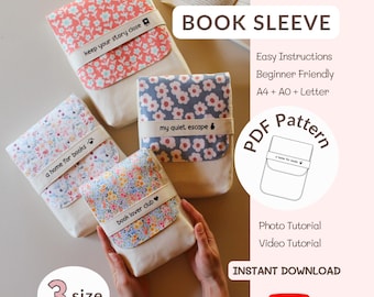 Patron de couture de pochette pour livre, tutoriel vidéo pour pochette Kindle, PDF 3 tailles