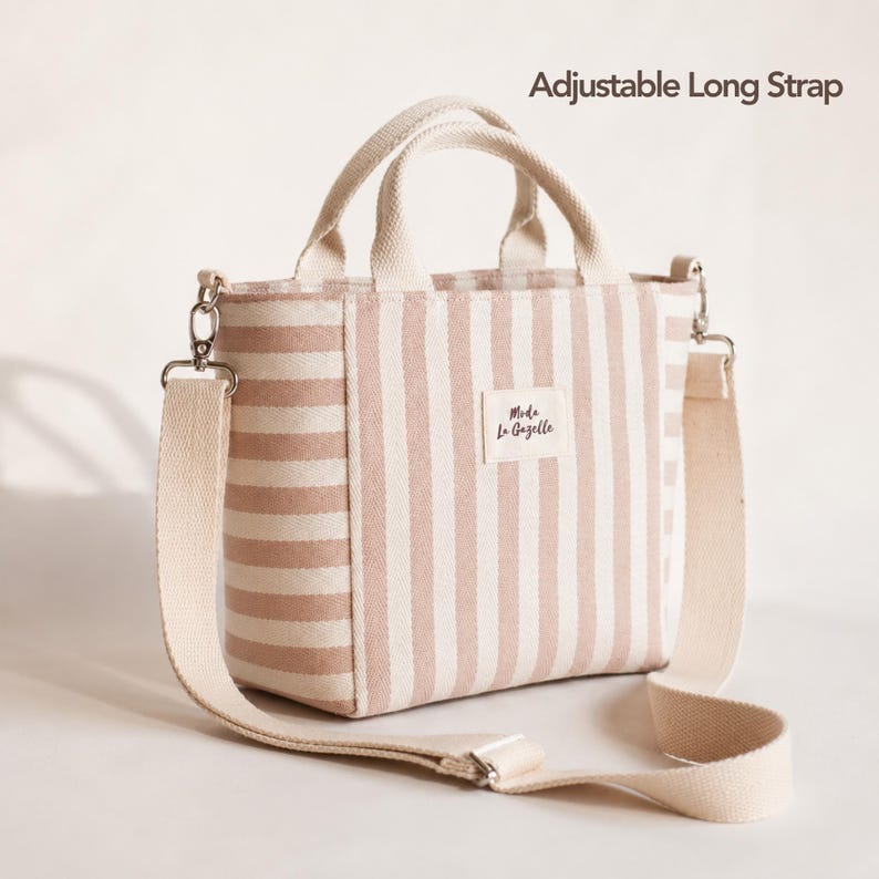 Handmade mini tote bag with zipper pocket and adjustable shoulder strap