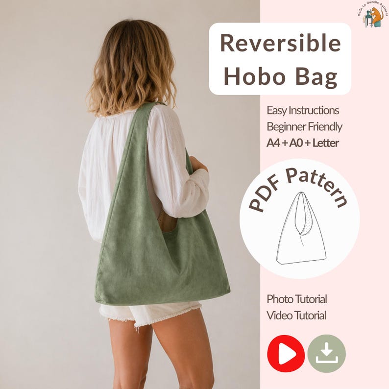 Reversible hobo bag sewing pattern PDF digital download