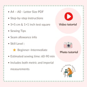 Puede incluir: Gr&aacute;fico rosa claro con detalles de patrones de costura. Incluye PDF A4-A0, instrucciones paso a paso, un cuadrado de prueba de 5x5 cm y 2.54x2.54 cm, consejos de costura, informaci&oacute;n de margen de costura y nivel de habilidad principiante-intermedio.