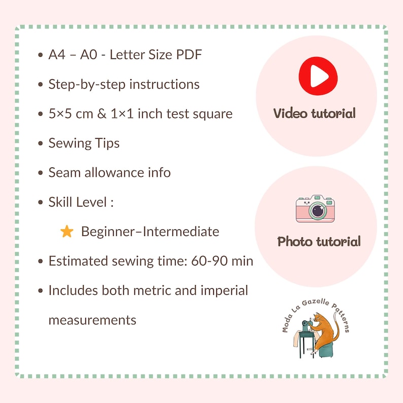 Puede incluir: Gr&aacute;fico rosa claro con detalles de patrones de costura. Incluye PDF A4-A0, instrucciones paso a paso, un cuadrado de prueba de 5x5 cm y 2.54x2.54 cm, consejos de costura, informaci&oacute;n de margen de costura y nivel de habilidad principiante-intermedio.