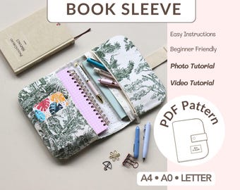 Patrón de costura en PDF para funda de libro, tutorial en vídeo para funda de cuaderno, regalos para amantes de los libros